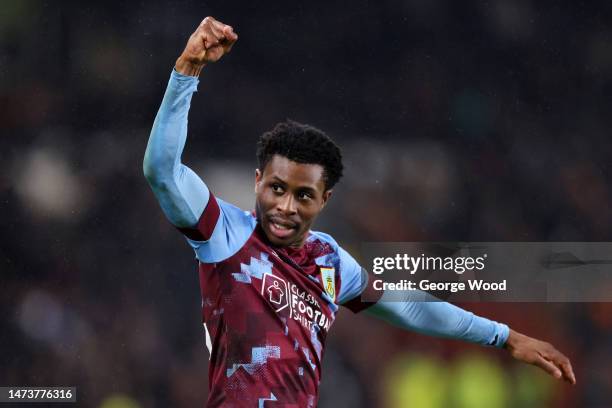 Nathan Tella of Burnley celebrates after scoring the team's second goal during the Sky Bet Championship between Hull City and Burnley at MKM Stadium...