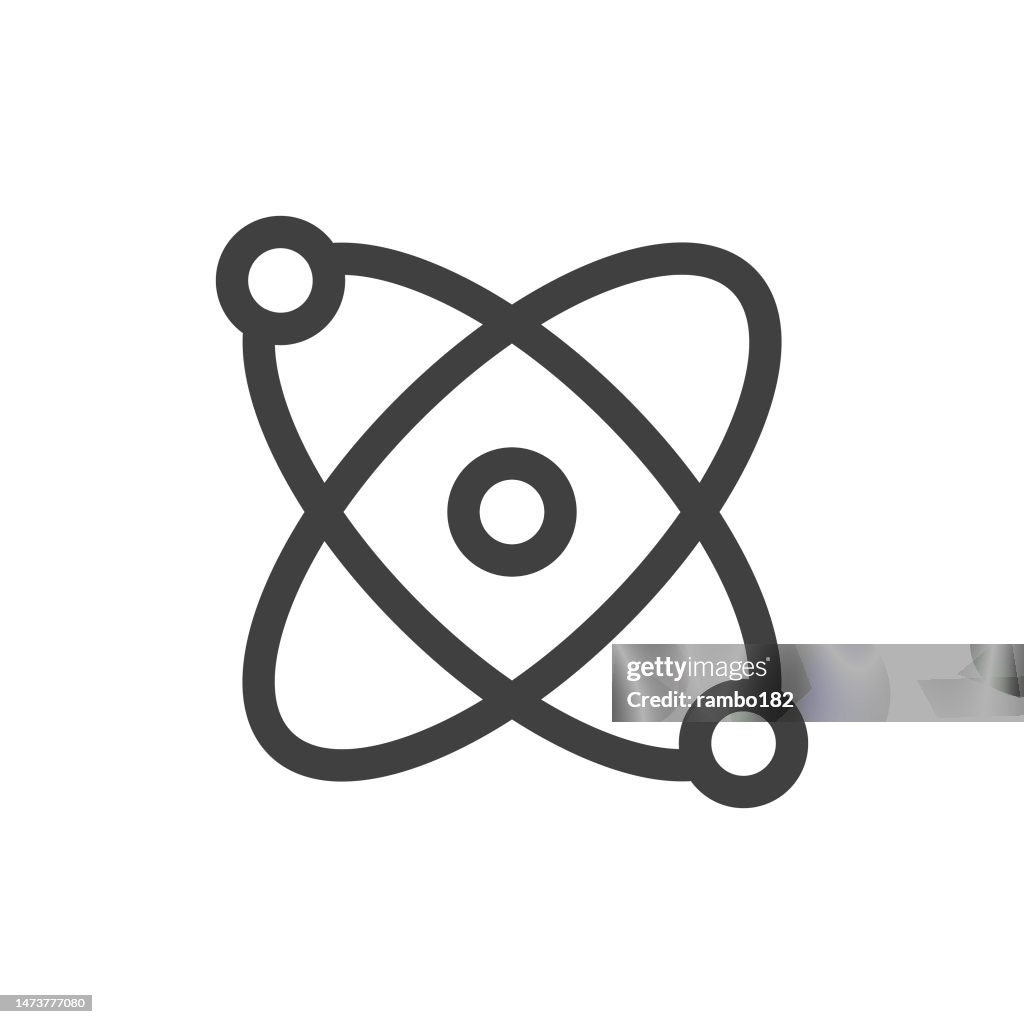 Atom, Physics Line Vector Icon on White Background. Editable Stroke. Pixel Perfect. For Mobile and Web. Outline Vector Graphics.