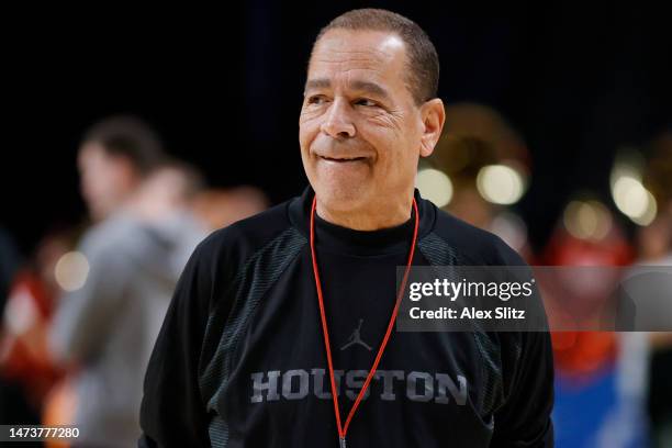 Head coach Kelvin Sampson of the Houston Cougars looks on during a practice session ahead of the first round of the NCAA Men’s Basketball Tournament...