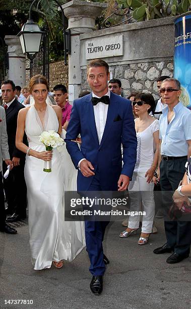 Kate Waterhouse and Luke Ricketson arrive at Timeo Hotel after the wedding ceremony on June 28, 2012 in Taormina, Italy.