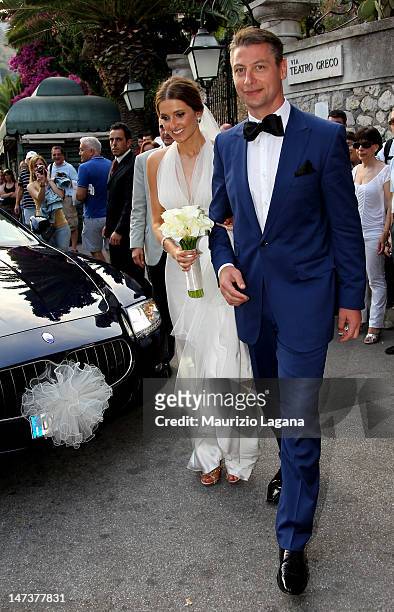 Kate Waterhouse and Luke Ricketson arrive at Timeo Hotel after the wedding ceremony on June 28, 2012 in Taormina, Italy.
