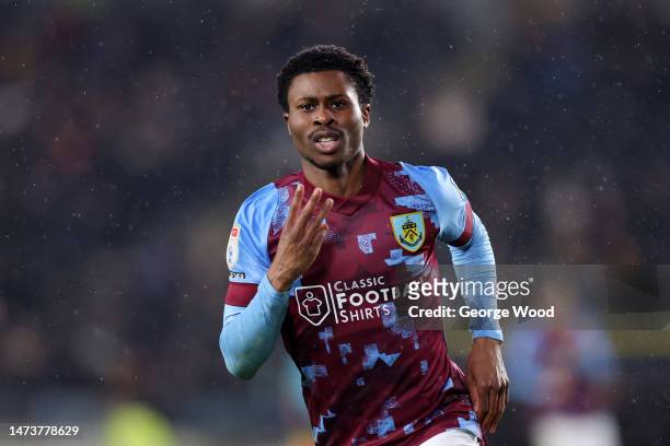 Nathan Tella of Burnley celebrates after scoring the team's third and his hattrick goal during the Sky Bet Championship between Hull City and Burnley...