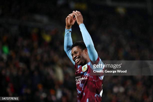 Nathan Tella of Burnley celebrates after scoring the team's third and his hattrick goal during the Sky Bet Championship between Hull City and Burnley...
