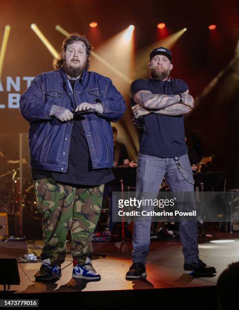 Jelly Roll and Brantley Gilbert perform at the Big Machine Label Group Lunch during CRS 2023 at Omni Nashville Hotel on March 15, 2023 in Nashville,...