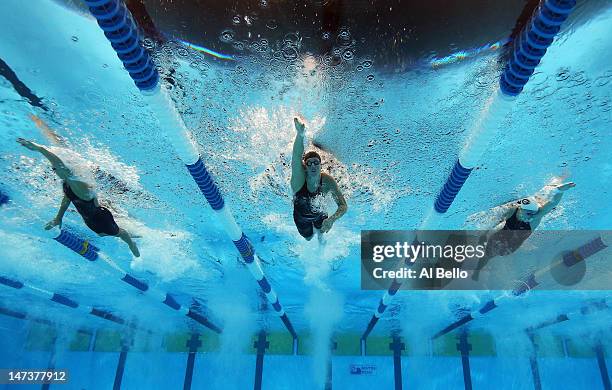 Dana Vollmer, Allison Schmitt and Shannon Vreeland compete in the championship final of the Women's 200 m Freestyle during Day Four of the 2012 U.S....