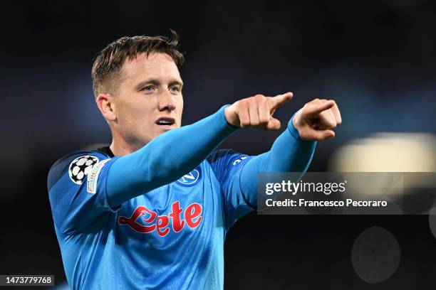 Piotr Zielinski of SSC Napoli celebrates after scoring the team's third goal during the UEFA Champions League round of 16 leg two match between SSC...