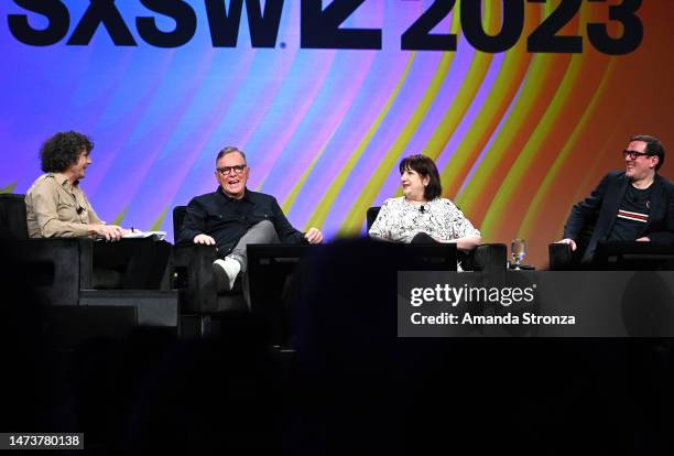 Will Hodgkinson, Bernard Summer, Gillian Gilbert, and Stephen Morris speak onstage at "New Order" during the 2023 SXSW Conference and Festivals at...