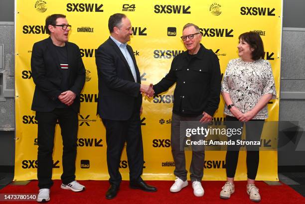 Stephen Morris, Douglas Emhoff, Bernard Summer, and Gillian Gilbert attend "New Order" during the 2023 SXSW Conference and Festivals at Austin...