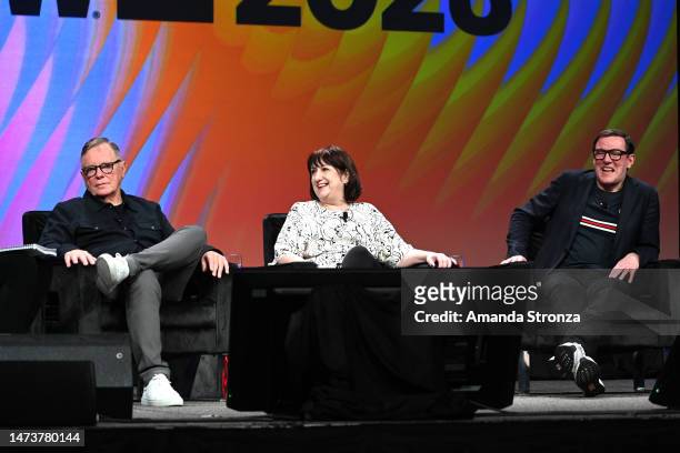 Bernard Summer, Gillian Gilbert, and Stephen Morris speak onstage at "New Order" during the 2023 SXSW Conference and Festivals at Austin Convention...