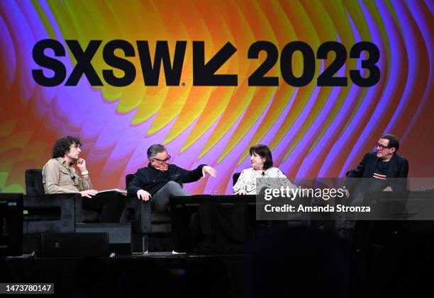 Will Hodgkinson, Bernard Summer, Gillian Gilbert, and Stephen Morris speak onstage at "New Order" during the 2023 SXSW Conference and Festivals at...