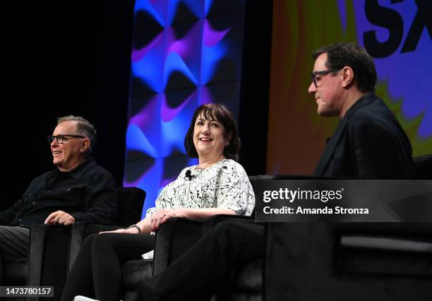 Bernard Summer, Gillian Gilbert, and Stephen Morris speak onstage at "New Order" during the 2023 SXSW Conference and Festivals at Austin Convention...