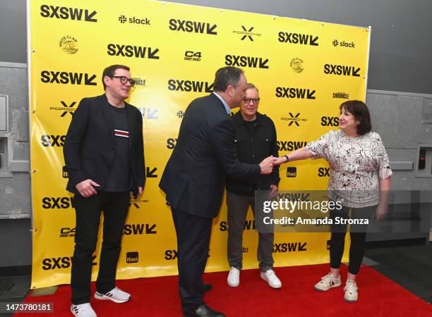 Stephen Morris, Douglas Emhoff, Bernard Summer, and Gillian Gilbert attend "New Order" during the 2023 SXSW Conference and Festivals at Austin...