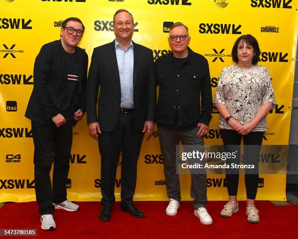 Stephen Morris, Douglas Emhoff, Bernard Summer, and Gillian Gilbert attend "New Order" during the 2023 SXSW Conference and Festivals at Austin...