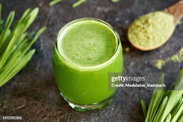A glass of homemade green barley grass juice with fresh barley grass blades and powder
