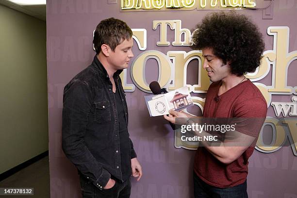 Episode 4280 -- Pictured: Singer Tom Chaplin of musical guest Keane during an interview with Bryan Branly backstage on June 28, 2012 --