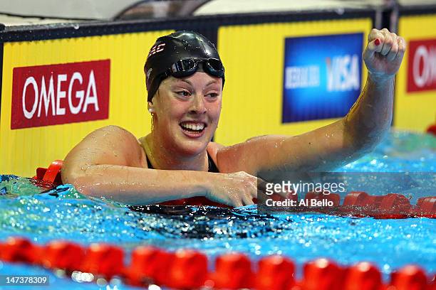 Allison Schmitt celebrates after she won the championship final of the Women's 200 m Freestyle during Day Four of the 2012 U.S. Olympic Swimming Team...