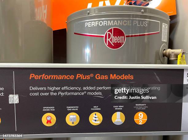 Gas powered water heater is displayed at a Home Depot store on March 15, 2023 in San Rafael, California. The Bay Area Air Quality Management District...