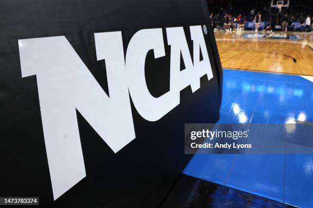 Detailed view of a NCAA logo is seen prior to a First Four game of the NCAA Men's Basketball Tournament at University of Dayton Arena on March 15,...