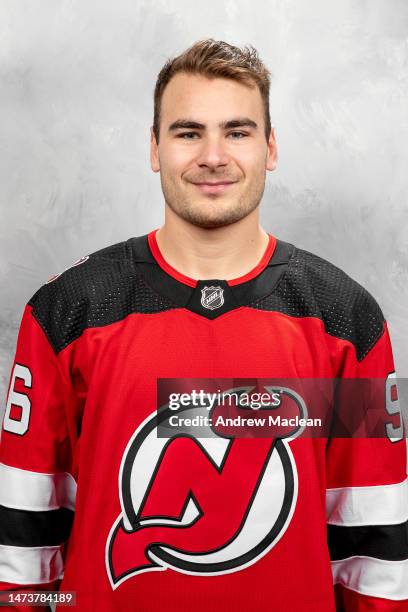 Timo Meier of the New Jersey Devils poses for his official headshot for the 2022-2023 season on March 15, 2023 at Prudential Center in Newark, New...