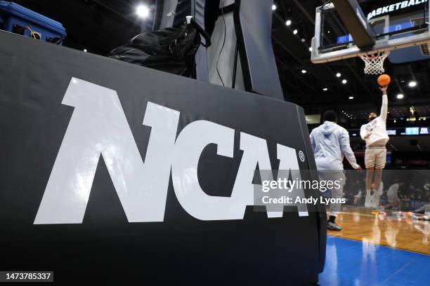 Detailed view of a NCAA logo is seen prior to a First Four game of the NCAA Men's Basketball Tournament at University of Dayton Arena on March 15,...