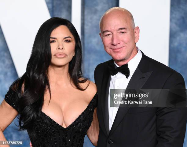 Lauren Sanchez and Jeff Bezos attend the 2023 Vanity Fair Oscar Party hosted by Radhika Jones at Wallis Annenberg Center for the Performing Arts on...