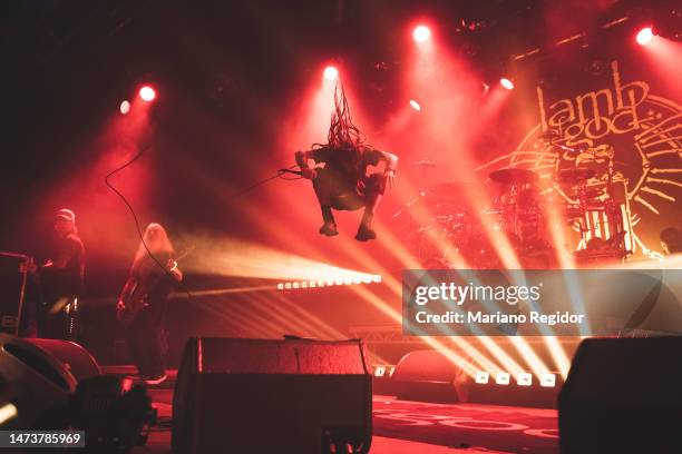 John Campbell and Randy Blythe of the American heavy metal band Lamb of God perform on stage at La Riviera on March 15, 2023 in Madrid, Spain.