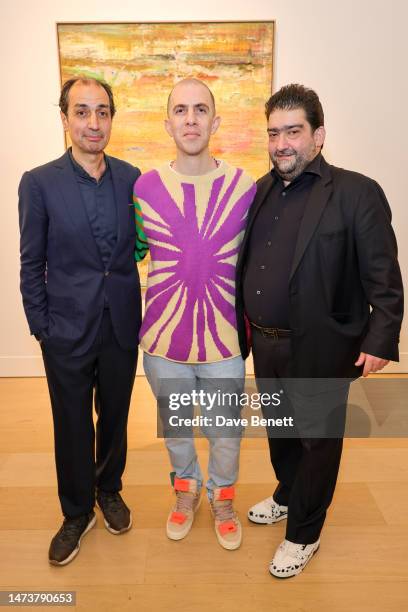 Darius Sanai, Sassan Behnam-Bakhtiar and Kamiar Maleki show curator, attend the VIP preview of "The Age of Energy", a solo exhibition featuring a new...