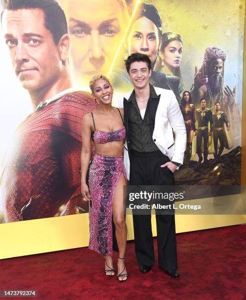 Meagan Good and Asher Angel attend the Los Angeles Premiere Of Warner Bros.' "Shazam! Fury Of The Gods" held at Regency Village Theatre on March 14,...