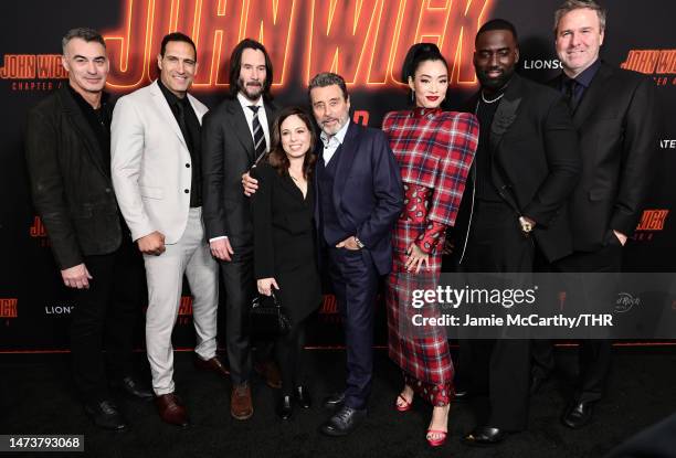 Chad Stahelski, Marko Zaror, Keanu Reeves, Erica Lee, Rina Sawayama, Shamier Anderson, Ian McShane and Basil Iwanyk attend Lionsgate's "John Wick:...