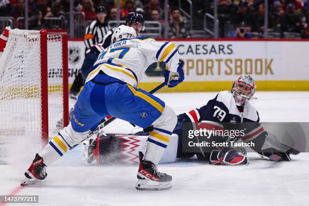 Peterka of the Buffalo Sabres scores a goal against Charlie Lindgren during the first period of the game at Capital One Arena on March 15, 2023 in...