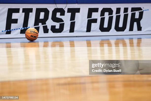 Detailed view of the First Four logo is seen during the second half of the First Four game of the NCAA Men's Basketball Tournament between the...