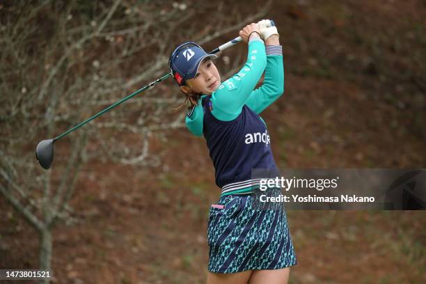 Rei Matsuda of Japan hits her tee shot on the 2nd hole during the first round of DAIO KAIUN Ladies Open at elleair Golf Club Matsuyama on March 16,...