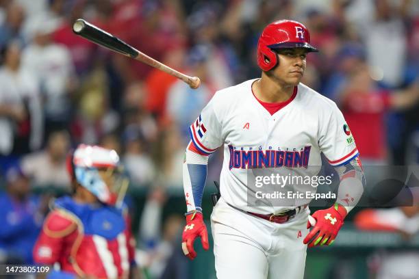 Juan Soto of The Dominican Republic hits a home run in the third inning of the World Baseball Classic Pool D game against Puerto Rico at loanDepot...