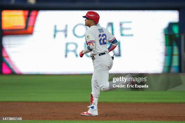 Juan Soto of The Dominican Republic rounds the bases after hitting a home run in the third inning of the World Baseball Classic Pool D game against...