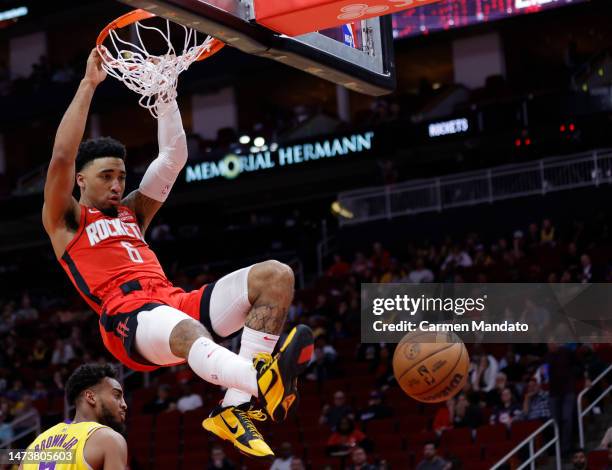Kenyon Martin Jr. #6 of the Houston Rockets dunks the ball against the Los Angeles Lakers during the first half at Toyota Center on March 15, 2023 in...