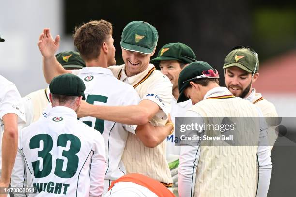 Iain Carlisle of the Tigers is congratulated by Jackson Bird of the Tigers on the wicket of Max Bryant of the Bulls during the Sheffield Shield match...