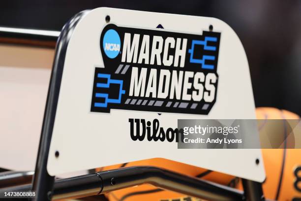 Detailed view of the March Madness logo is seen prior to the First Four game of the NCAA Men's Basketball Tournament between the Nevada Wolf Pack and...