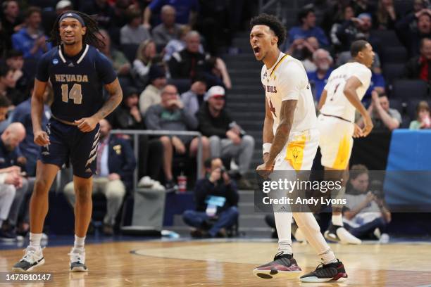 Desmond Cambridge Jr. #4 of the Arizona State Sun Devils reacts after his dunk against the Nevada Wolf Pack during the first half in the First Four...