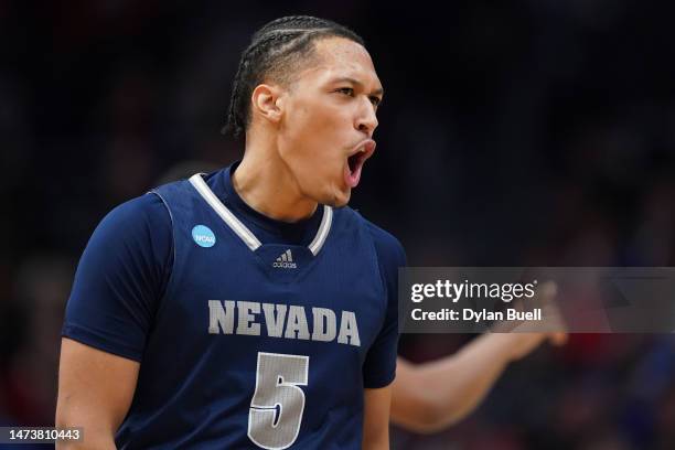 Darrion Williams of the Nevada Wolf Pack reacts after his made basket against the Arizona State Sun Devils during the first half in the First Four...