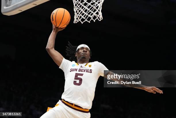 Jamiya Neal of the Arizona State Sun Devils dunks the ball against the Nevada Wolf Pack during the first half in the First Four game of the NCAA...