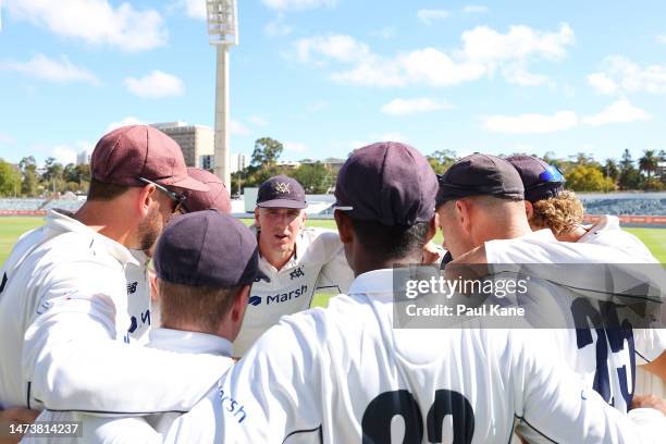 Will Sutherland of Victoria addresses the team before taking to the field during the Sheffield Shield match between Western Australia and Victoria at...