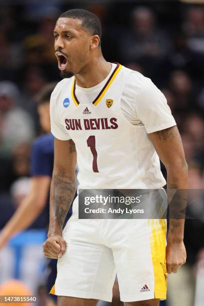 Luther Muhammad of the Arizona State Sun Devils reacts against the Nevada Wolf Pack during the first half in the First Four game of the NCAA Men's...