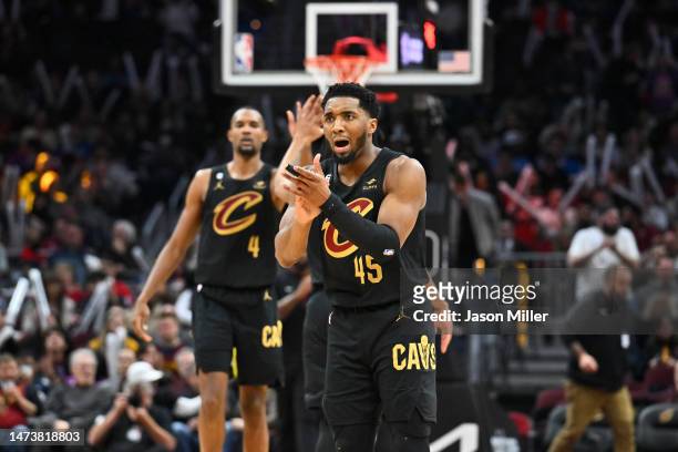 Donovan Mitchell of the Cleveland Cavaliers reacts during the third quarter of the game against the Philadelphia 76ers at Rocket Mortgage Fieldhouse...