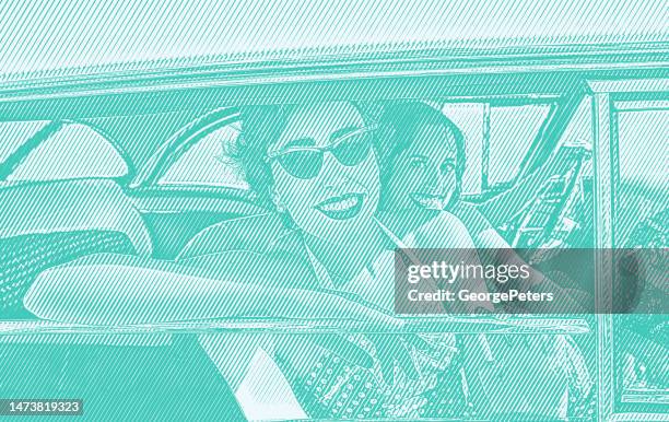 stockillustraties, clipart, cartoons en iconen met 1950's women and vintage car on road trip - turquoise