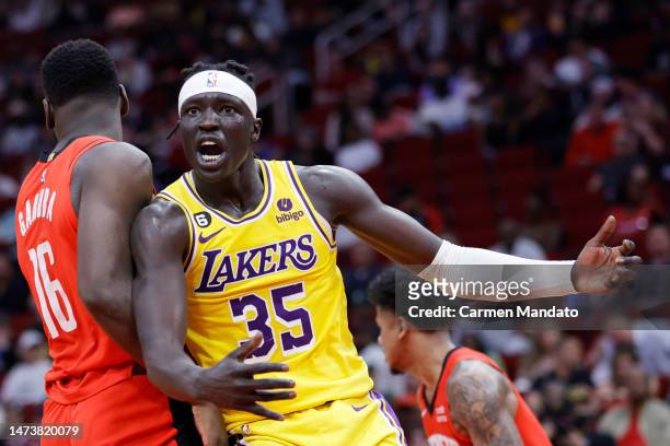 Wenyen Gabriel of the Los Angeles Lakers reacts to a call against the Houston Rockets during the second half at Toyota Center on March 15, 2023 in...