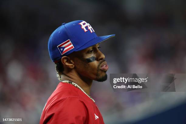 Francisco Lindor of Team Puerto Rico looks on against team Dominican Republicduring their World Baseball Classic Pool D game at loanDepot park on...