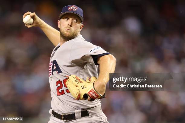 Starting pitcher Merrill Kelly of Team USA pitches against Team Colombia during the third inning of the World Baseball Classic Pool C game at Chase...