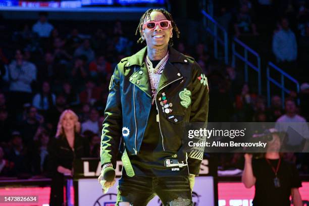 Soulja Boy performs at halftime of a basketball game between the Los Angeles Clippers and the Golden State Warriors at Crypto.com Arena on March 15,...