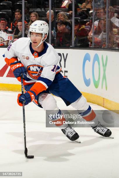 Pierre Engvall of the New York Islanders skates with the puck during the second period against the Anaheim Ducks at Honda Center on March 15, 2023 in...