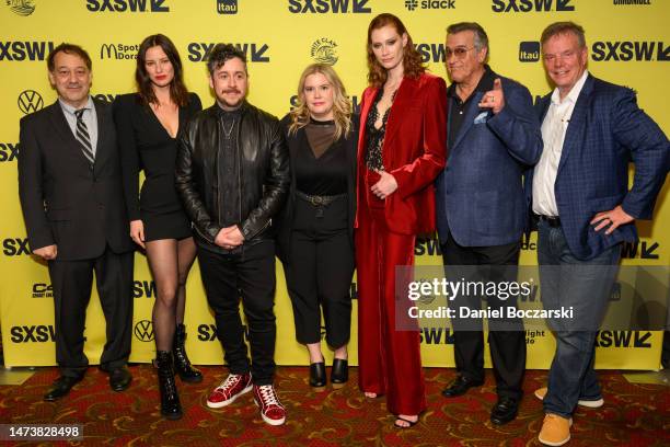 Sam Raimi, Lily Sullivan, Lee Cronin, VP of Film & TV for SXSW Claudette Godfrey, Alyssa Sutherland, Bruce Campbell and Rob Tapert attend the "Evil...